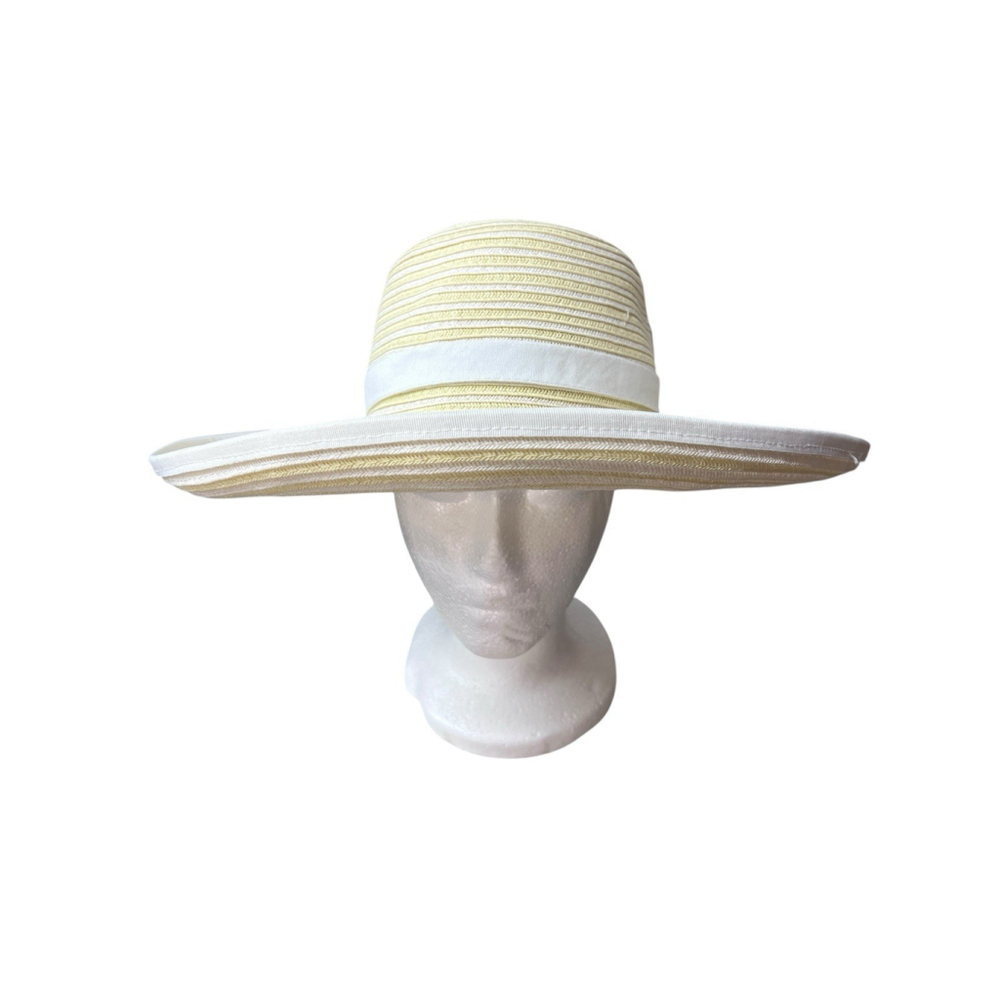 Scala White Yellow Stripe Wide Brim Sun Hat Resort Coastal Grandma Euro Summer